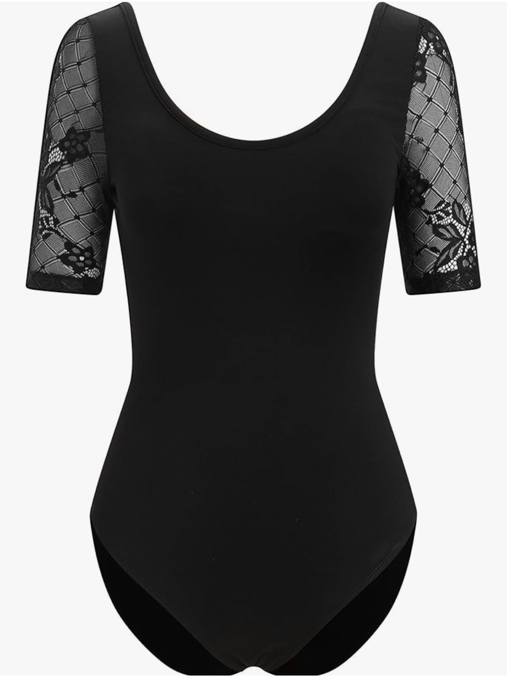 Black Lace Sleeve Scoop-Back Leotard Bodysuit